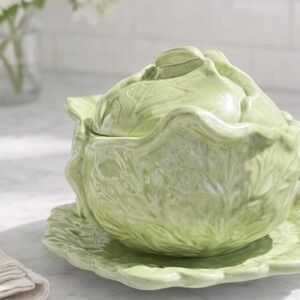VTG Holland Mold Green Cabbage Tureen Lidded Bowl with Underplate Majolica